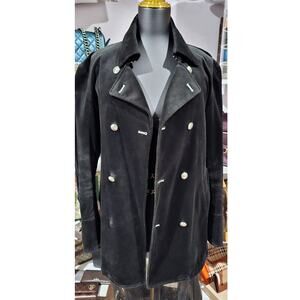 BURBERRY BLACK LABEL Velvet Napoleon Pea Coat Silver Button Men's